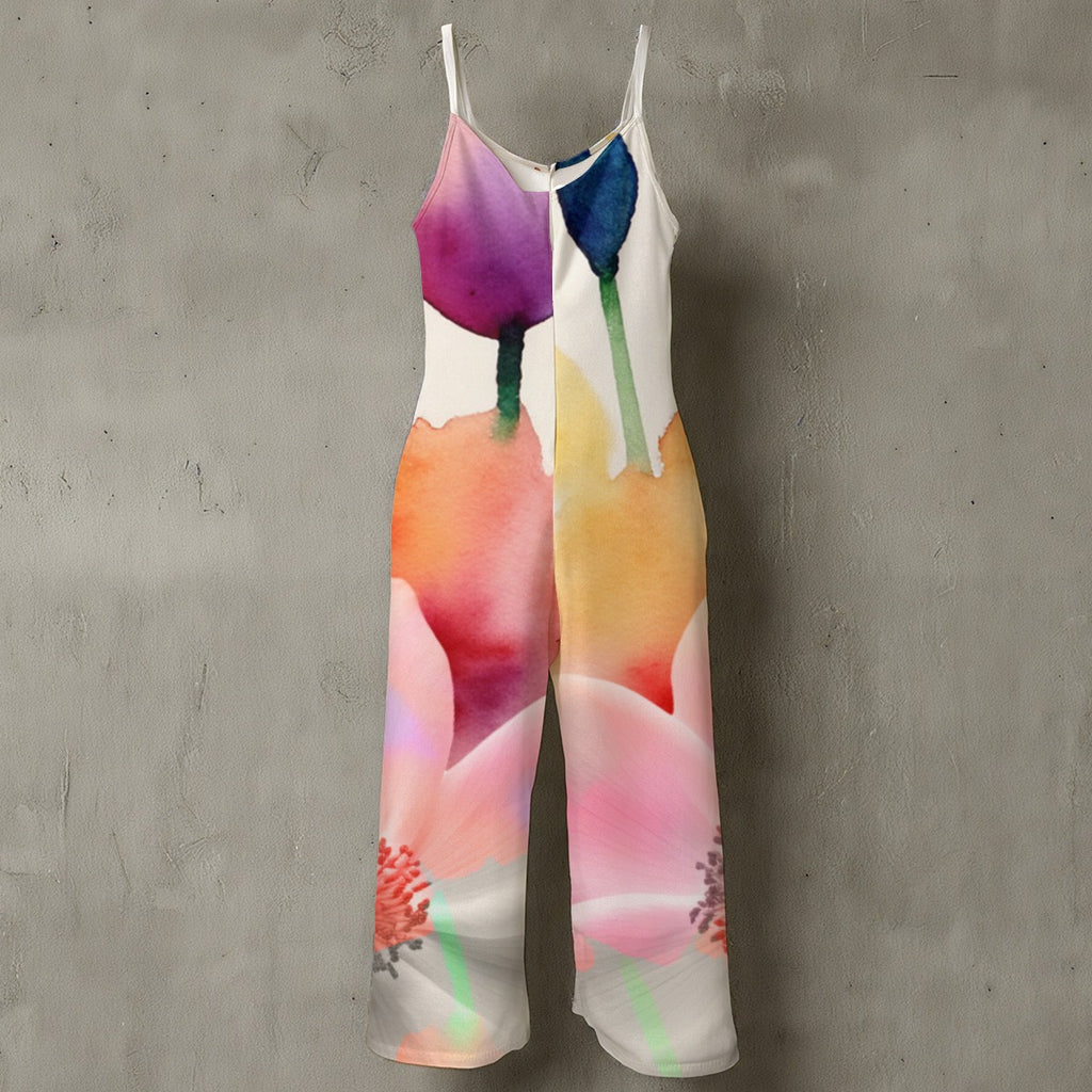 All-Over Print Women’s Floral Spaghetti Strap Wide-Leg Jumpsuit